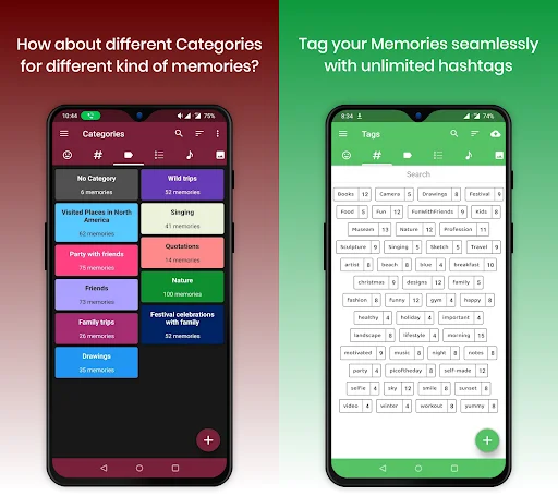 Memory categories organization screen showing types like travel, shopping, family, nature; Unlimited hashtag tagging system for organizing and searching diary entries