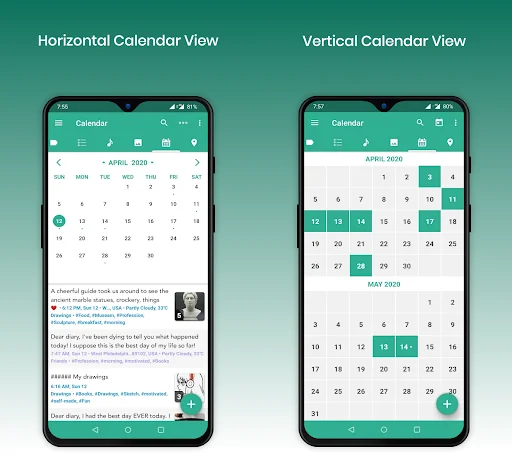 Horizontal calendar view displaying diary entries across monthly date grid; Vertical calendar view showing entries organized by month with date highlighting