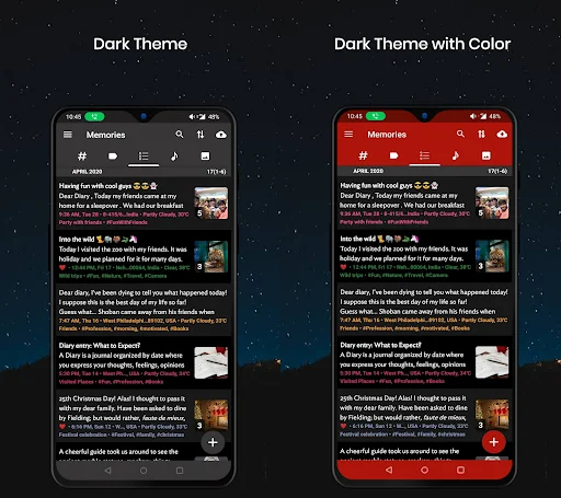 Dark theme interface showing list of diary entries with timestamps and mood indicators; Dark theme with red color highlighting and mood emoji icons