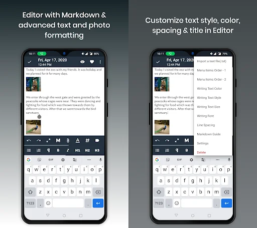 Text editor with markdown formatting, advanced styling and photo embedding; Editor customization menu for text style, color, spacing and title formatting options