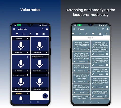 Voice notes feature showing grid of recorded audio notes with recording dates and durations; Places/locations list showing where memories were made with memory counts
