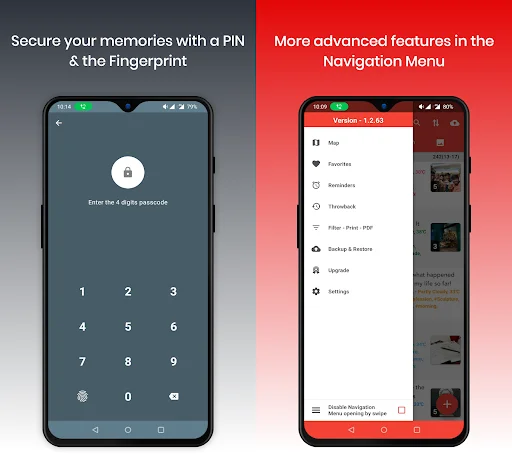 PIN security entry screen with 4-digit passcode keypad and fingerprint authentication; Navigation menu showing map, favorites, reminders, handbook, backup and settings