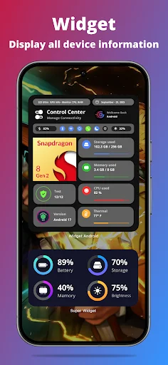 G-CPU widget display showing real-time CPU, RAM, memory, battery percentage monitoring and system information widgets