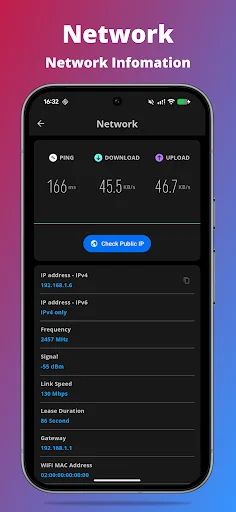 Network information displaying ping, download/upload speeds, IP addresses, signal strength, and connection statistics