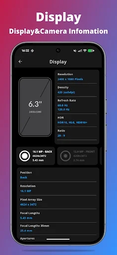 Display specifications screen showing 6.3 inch resolution, 2400x1080 pixels, 480 ppi, 120Hz refresh rate, and camera info