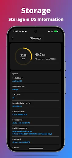 Storage and OS information screen with usage pie chart showing 32% of 128GB used, Android 13 system and device details