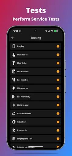 Device testing screen enabling service tests: display, multitouch, flashlight, microphone, Bluetooth, fingerprint, sensors