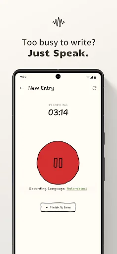 Voice recording screen for My Diary app showing red circular record button, 03:14 timer, auto-detect language, and Finish & Save button for audio journaling