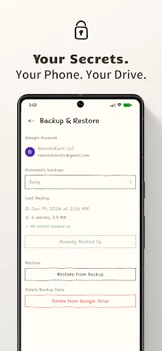 Backup and Restore screen displaying Google Drive integration, backup history, restore options, and secure cloud storage settings for diary entries