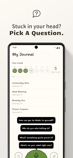 Question prompt feature showing personalized AI journaling prompts like 'How can you be kinder to yourself?' with saved journal entries and emotional topics listed
