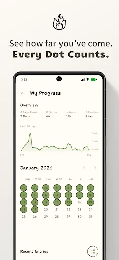 Progress tracking calendar showing January 2026 with colored dot streaks for daily journaling entries, overview statistics, and entry visualization dashboard