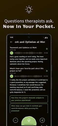 AI-generated therapeutic journaling prompt screen featuring emotion-focused questions about mindfulness, optimism, and personal growth with entry transcripts