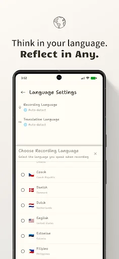 Language settings page displaying recording language options including Czech, Spanish, Dutch, English, Estonian, and Filipino for audio journaling