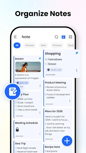 Notes app main interface showing organized note categories, shopping list, product meeting, and plans with blue action button