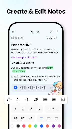 Note editor displaying text formatting tools, colored text options, voice recording, and rich text formatting toolbar
