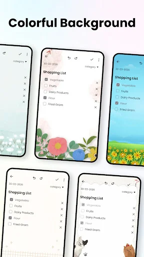 Multiple phone screens showing notes with customizable colorful background designs featuring floral and nature imagery