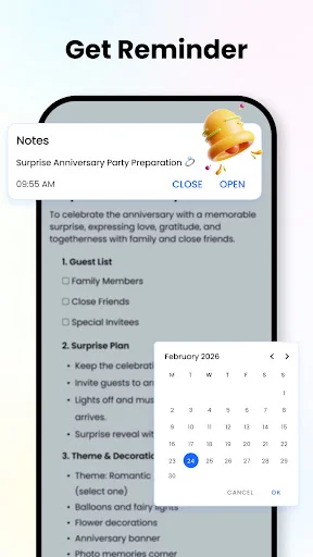 Note reminder notification interface with calendar date picker for setting anniversary party preparation reminders