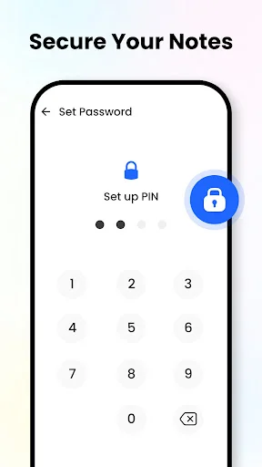 Password protection setup screen with PIN keypad and lock icon for securing notes with personal security PIN