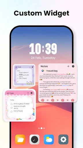 Home screen widgets displaying notes and task lists on lock screen showing time, date, and note content preview