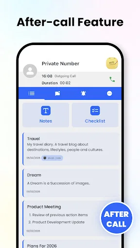 Call log integration screen showing notes and checklists associated with phone calls and contact history