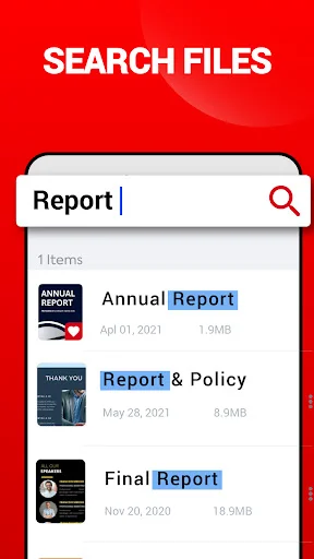 PDF Reader search interface displaying results for 'Report' with three PDF files listed, showing titles, dates, and file sizes