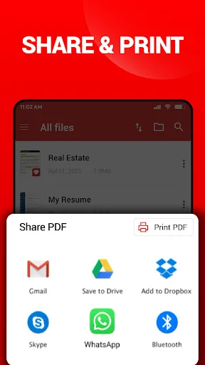 PDF sharing menu with options for Gmail, Google Drive, Dropbox, Skype, WhatsApp, Bluetooth, and Print PDF