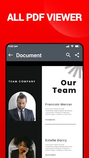PDF viewer showing document page with team member profiles including Francois Mercer and Estelle Darcy with biographical details