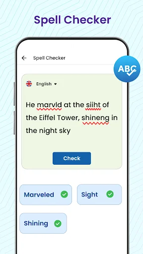 Spell Checker interface showing text with detected spelling errors highlighted. Three corrected words displayed: Marveled, Sight, and Shining with green checkmarks confirming proper spelling