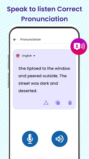Pronunciation learning screen displaying sample text with microphone button to speak and speaker button to listen for correct pronunciation guidance