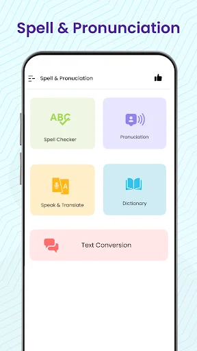 Spell & Pronunciation app home menu showing five main feature tiles: Spell Checker, Pronunciation, Speak & Translate, Dictionary, and Text Conversion options