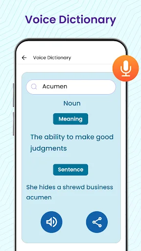 Voice Dictionary entry for the word Acumen displaying noun part of speech, definition about making good judgments, example sentence, and audio pronunciation button