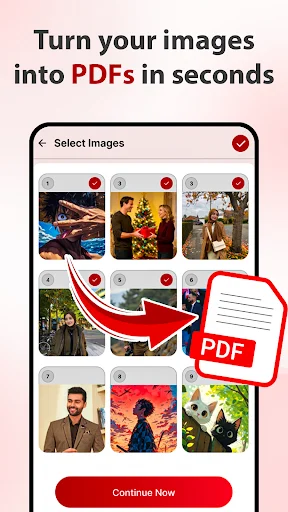 Image selection interface for converting multiple photos into PDF documents with red selection indicators and Continue button
