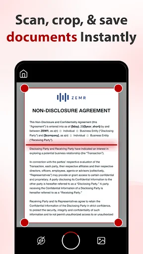 Document scanning interface with scanned NDA showing red corner crop handles for editing and instant document saving