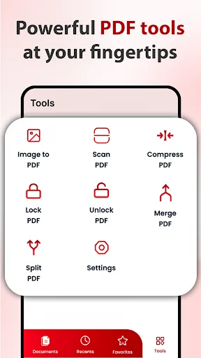 PDF tools menu displaying 9 feature options: Image to PDF, Merge, Split, Compress, Lock, Unlock, Combine, and Settings