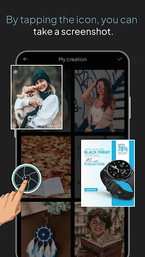 Screenshot gallery displaying saved images in grid layout with floating crosshair button for instant photo capture