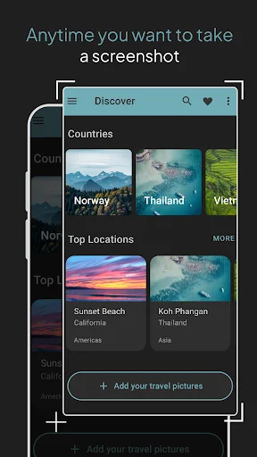 Travel app content screen showing location discovery with floating button accessible for anytime screenshot capture