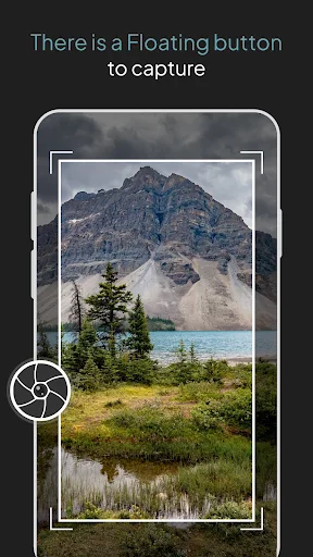 Mountain landscape preview with floating button overlay for instant screenshot and screen recording functionality
