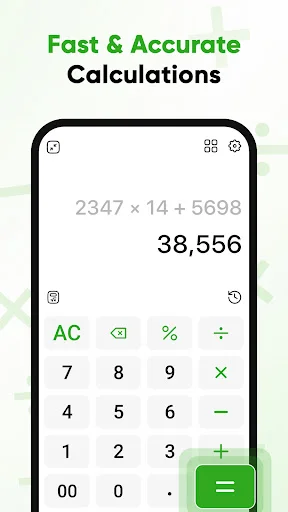 Simple calculator with basic arithmetic operations showing calculation 2347 × 14 + 5698 = 38,556 and number input buttons
