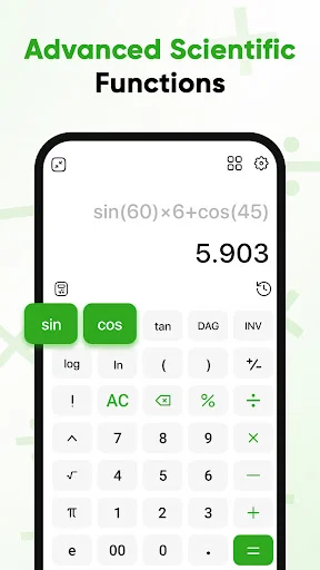 Advanced scientific calculator with trigonometric functions sin, cos, tan displaying calculation sin(60)×6+cos(45) = 5.903