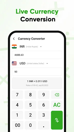 Live currency converter converting Indian Rupees to US Dollars with real-time exchange rate 1 INR = 0.011 USD display
