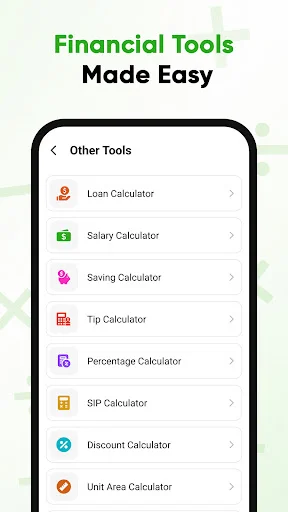 Financial calculator tools menu listing loan, salary, saving, tip, percentage, SIP, discount, and unit area calculators