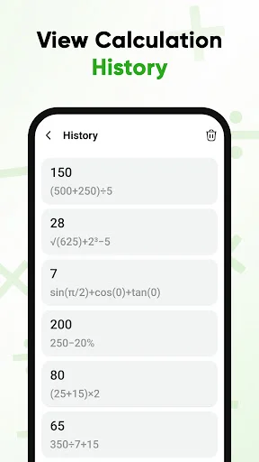 Calculation history view displaying previous math operations with formulas and results from completed calculations