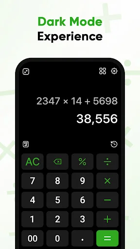 Dark mode calculator interface showing arithmetic operation 2347 × 14 + 5698 = 38,556 with basic calculator buttons