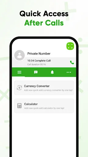 Quick access calculator menu after phone calls with shortcuts to currency converter and calculator tools