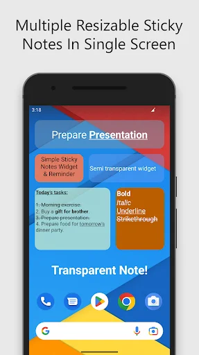 Multiple resizable sticky notes widget with colorful backgrounds on Android home screen display