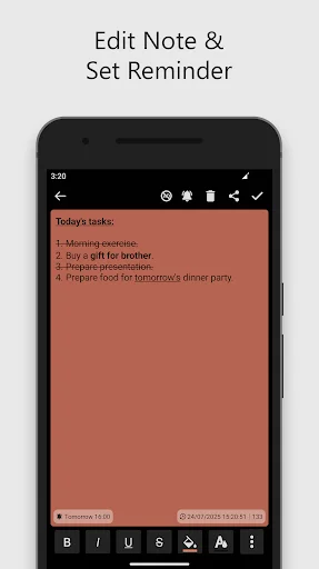 Edit sticky note interface with text formatting options, reminder setup, and task lists