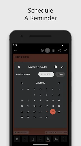 Date and time picker calendar for scheduling sticky note reminders and notifications
