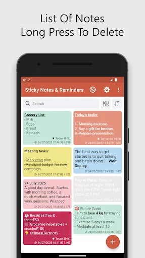 List view of saved sticky notes with search functionality and long press delete option