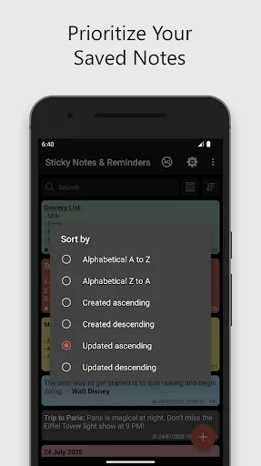 Sort menu to organize and prioritize sticky notes by alphabetical or creation date