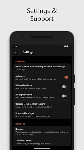 Settings menu for note management, auto-save, widget configuration, and support